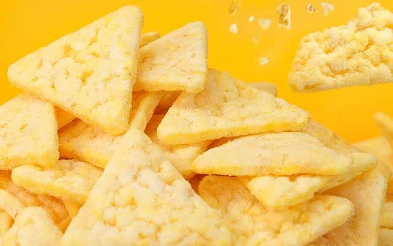 A group of finished triangular corn chips