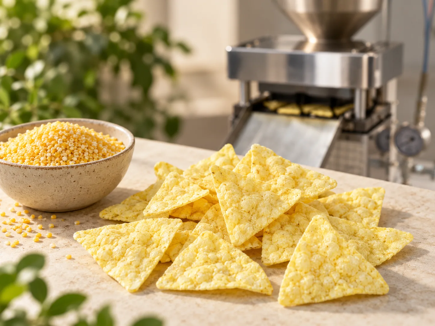 Studio concept of corn grits and popped corn chips with a machine behind